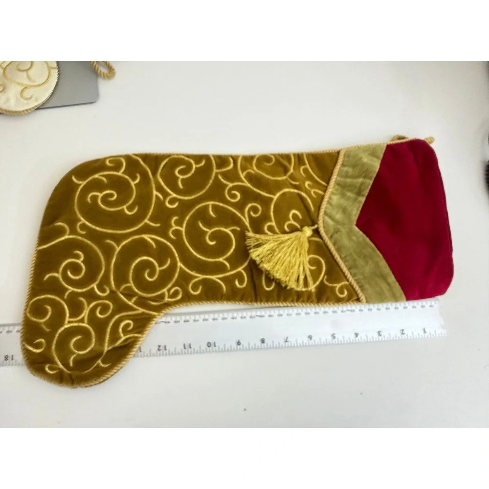 Set of 2 Velvet Christmas Stockings Gold Embroidered Swirl Tassel Holiday Decor